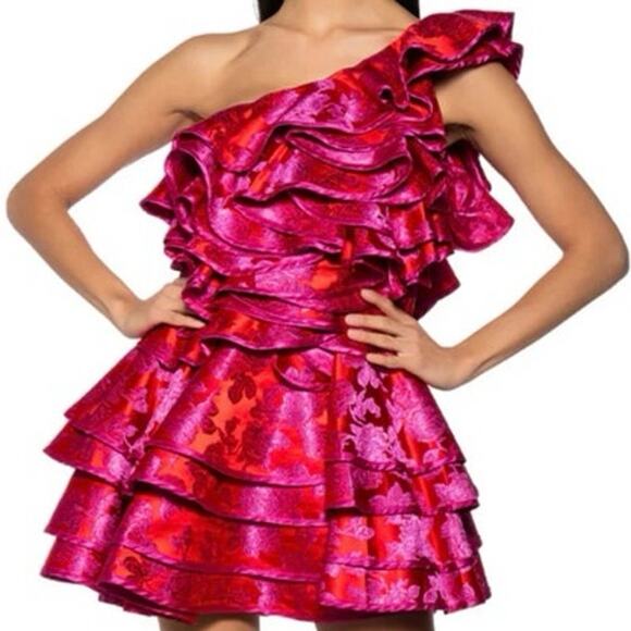 SHE IS BEAUTY BROCADE RUFFLE MINI DRESS out of stock item cocktail SzS NWT - Picture 2 of 12